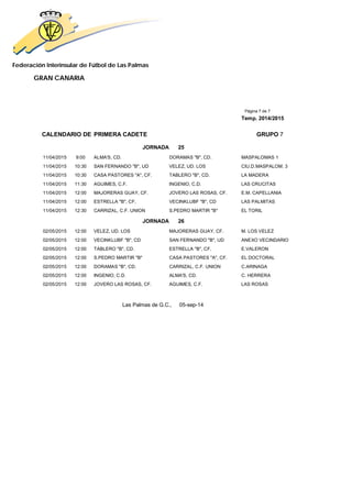 Federación Interinsular de Fútbol de Las Palmas 
GRAN CANARIA 
Página 7 de 7 
Temp. 2014/2015 
CALENDARIO DE PRIMERA CADETE GRUPO 7 
JORNADA 25 
11/04/2015 9:00 ALMA'S, CD. DORAMAS "B", CD. MASPALOMAS 1 
11/04/2015 10:30 SAN FERNANDO "B", UD VELEZ, UD. LOS CIU.D.MASPALOM. 3 
11/04/2015 10:30 CASA PASTORES "A", CF. TABLERO "B", CD. LA MADERA 
11/04/2015 11:30 AGUIMES, C.F. INGENIO, C.D. LAS CRUCITAS 
11/04/2015 12:00 MAJORERAS GUAY, CF. JOVERO LAS ROSAS, CF. E.M. CAPELLANIA 
11/04/2015 12:00 ESTRELLA "B", CF, VECINKLUBF "B", CD LAS PALMITAS 
11/04/2015 12:30 CARRIZAL, C.F. UNION S.PEDRO MARTIR "B" EL TORIL 
JORNADA 26 
02/05/2015 12:00 VELEZ, UD. LOS MAJORERAS GUAY, CF. M. LOS VELEZ 
02/05/2015 12:00 VECINKLUBF "B", CD SAN FERNANDO "B", UD ANEXO VECINDARIO 
02/05/2015 12:00 TABLERO "B", CD. ESTRELLA "B", CF, E.VALERON 
02/05/2015 12:00 S.PEDRO MARTIR "B" CASA PASTORES "A", CF. EL DOCTORAL 
02/05/2015 12:00 DORAMAS "B", CD. CARRIZAL, C.F. UNION C.ARINAGA 
02/05/2015 12:00 INGENIO, C.D. ALMA'S, CD. C. HERRERA 
02/05/2015 12:00 JOVERO LAS ROSAS, CF. AGUIMES, C.F. LAS ROSAS 
Las Palmas de G.C., 05-sep-14 

