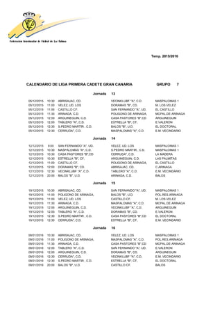 Temp. 2015/2016
CALENDARIO DE LIGA PRIMERA CADETE GRAN CANARIA GRUPO 7
Jornada 13
05/12/2015 10:30 ABRISAJAC, CD. VECINKLUBF "A", C.D. MASPALOMAS 1
05/12/2015 11:00 VELEZ, UD. LOS DORAMAS "B", CD. M. LOS VELEZ
05/12/2015 11:00 CASTILLO CF. SAN FERNANDO "A", UD. EL CASTILLO
05/12/2015 11:30 ARINAGA, C.D. POLIGONO DE ARINAGA, MCPAL.DE ARINAGA
05/12/2015 12:00 ARGUINEGUIN, C.D. CASA PASTORES "B",CD ARGUINEGUIN
05/12/2015 12:00 TABLERO "A", C.D. ESTRELLA "B", CF, E.VALERON
05/12/2015 12:30 S.PEDRO MARTIR , C.D. BALOS "B", U.D. EL DOCTORAL
05/12/2015 12:30 CERRUDA", C.D. MASPALOMAS "A", C.D. E.M. VECINDARIO
Jornada 14
12/12/2015 9:00 SAN FERNANDO "A", UD. VELEZ, UD. LOS MASPALOMAS 1
12/12/2015 10:30 MASPALOMAS "A", C.D. S.PEDRO MARTIR , C.D. MASPALOMAS 1
12/12/2015 10:30 CASA PASTORES "B",CD CERRUDA", C.D. LA MADERA
12/12/2015 10:30 ESTRELLA "B", CF, ARGUINEGUIN, C.D. LAS PALMITAS
12/12/2015 11:00 CASTILLO CF. POLIGONO DE ARINAGA, EL CASTILLO
12/12/2015 12:00 DORAMAS "B", CD. ABRISAJAC, CD. C.ARINAGA
12/12/2015 12:30 VECINKLUBF "A", C.D. TABLERO "A", C.D. E.M. VECINDARIO
12/12/2015 20:00 BALOS "B", U.D. ARINAGA, C.D. BALOS
Jornada 15
19/12/2015 10:30 ABRISAJAC, CD. SAN FERNANDO "A", UD. MASPALOMAS 1
19/12/2015 11:00 POLIGONO DE ARINAGA, BALOS "B", U.D. POL.RES.ARINAGA
19/12/2015 11:00 VELEZ, UD. LOS CASTILLO CF. M. LOS VELEZ
19/12/2015 11:30 ARINAGA, C.D. MASPALOMAS "A", C.D. MCPAL.DE ARINAGA
19/12/2015 12:00 ARGUINEGUIN, C.D. VECINKLUBF "A", C.D. ARGUINEGUIN
19/12/2015 12:00 TABLERO "A", C.D. DORAMAS "B", CD. E.VALERON
19/12/2015 12:30 S.PEDRO MARTIR , C.D. CASA PASTORES "B",CD EL DOCTORAL
19/12/2015 12:30 CERRUDA", C.D. ESTRELLA "B", CF, E.M. VECINDARIO
Jornada 16
09/01/2016 10:30 ABRISAJAC, CD. VELEZ, UD. LOS MASPALOMAS 1
09/01/2016 11:00 POLIGONO DE ARINAGA, MASPALOMAS "A", C.D. POL.RES.ARINAGA
09/01/2016 11:30 ARINAGA, C.D. CASA PASTORES "B",CD MCPAL.DE ARINAGA
09/01/2016 12:00 TABLERO "A", C.D. SAN FERNANDO "A", UD. E.VALERON
09/01/2016 12:00 ARGUINEGUIN, C.D. DORAMAS "B", CD. ARGUINEGUIN
09/01/2016 12:30 CERRUDA", C.D. VECINKLUBF "A", C.D. E.M. VECINDARIO
09/01/2016 12:30 S.PEDRO MARTIR , C.D. ESTRELLA "B", CF, EL DOCTORAL
09/01/2016 20:00 BALOS "B", U.D. CASTILLO CF. BALOS
 