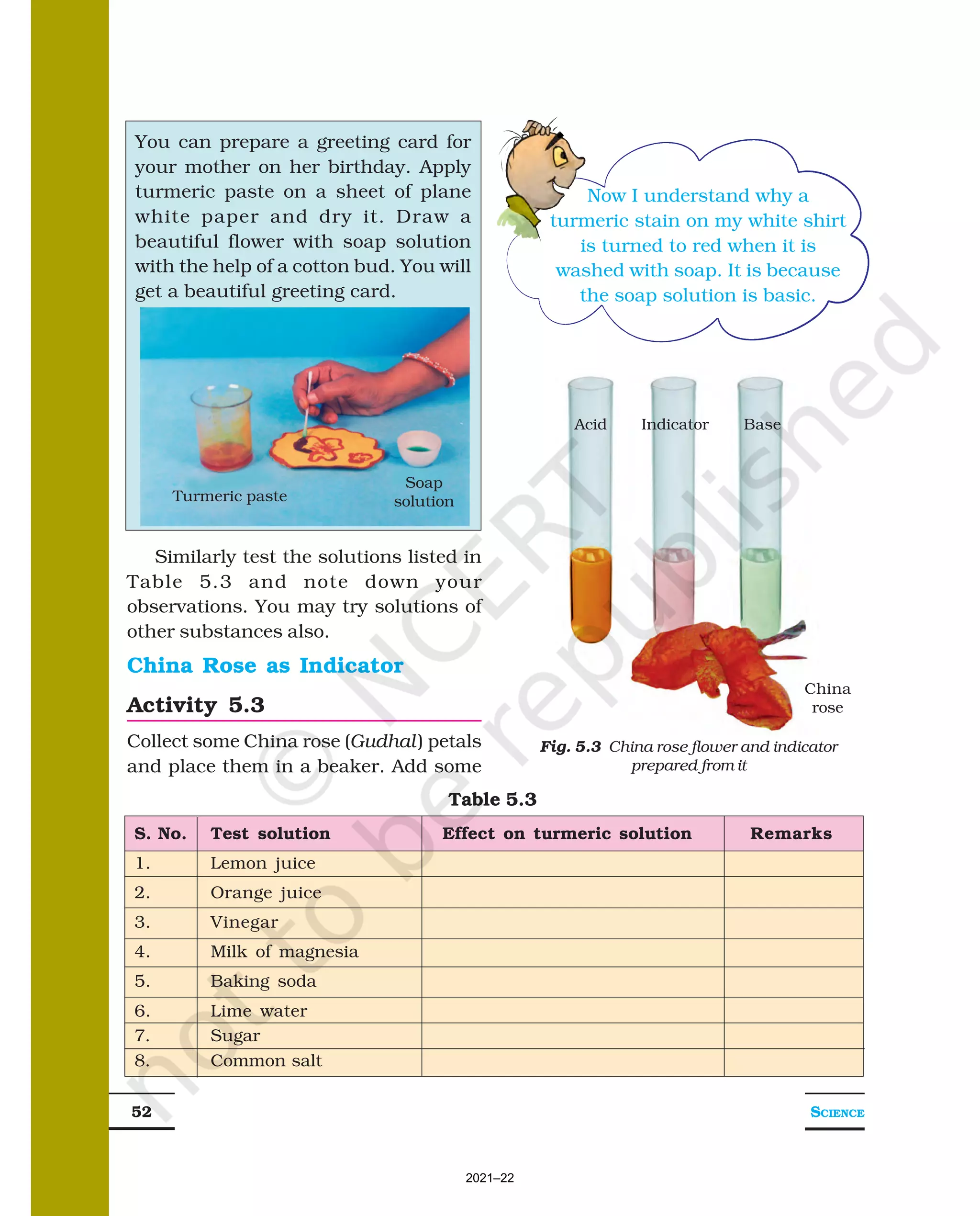 SCIENCE
52
Table 5.3
S. No. Test solution Effect on turmeric solution Remarks
1. Lemon juice
2. Orange juice
3. Vinegar
4. Milk of magnesia
5. Baking soda
6. Lime water
7. Sugar
8. Common salt
You can prepare a greeting card for
your mother on her birthday. Apply
turmeric paste on a sheet of plane
white paper and dry it. Draw a
beautiful flower with soap solution
with the help of a cotton bud. You will
get a beautiful greeting card.
Similarly test the solutions listed in
Table 5.3 and note down your
observations. You may try solutions of
other substances also.
China Rose as Indicator
Activity 5.3
Collect some China rose (Gudhal) petals
and place them in a beaker. Add some
Fig. 5.3 China rose flower and indicator
prepared from it
Acid Base
Indicator
China
rose
Now I understand why a
turmeric stain on my white shirt
is turned to red when it is
washed with soap. It is because
the soap solution is basic.
Turmeric paste
Soap
solution
2021–22
 