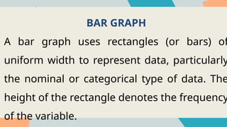 BAR GRAPH
A bar graph uses rectangles (or bars) of
uniform width to represent data, particularly
the nominal or categorical type of data. The
height of the rectangle denotes the frequency
of the variable.
 