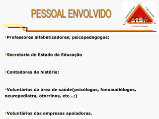 PESSOAL ENVOLVIDO Professores alfabetizadores; psicopedagogos; Secretaria de Estado da Educação Contadores de história; Voluntários da área de saúde(psicólogos, fonoaudiólogos, neuropediatra, otorrinos, etc...;) Voluntários das empresas apoiadoras. 