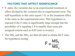 FACTORS THAT AFFECT SIGNIFICANCE
 F -ratio: the variation due to an experimental treatment or
  effect divided by the variation due to experimental error. The
  null hypothesis is this ratio equals 1.0, or the treatment effect
  is the same as the experimental error. This hypothesis is
  rejected if the F-ratio is significantly large enough that the
  possibility of it equaling 1.0 is smaller than some pre-
  assigned criteria such as 0.05 (one in twenty)
 The MSb and the MSw are then divided to obtain the F ratio
  for hypothesis testing
 