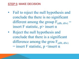 STEP 5: MAKE DECISION


• Fail to reject the null hypothesis and
  conclude tha there is no significant
  different among the group F(dfb, dfw) =
  insert F statistic, p> insert α
• Reject the null hypothesis and
  conclude that there is a significant
  difference among the grou F(dfb, dfw)
  = insert F statistic, p <insert α
 