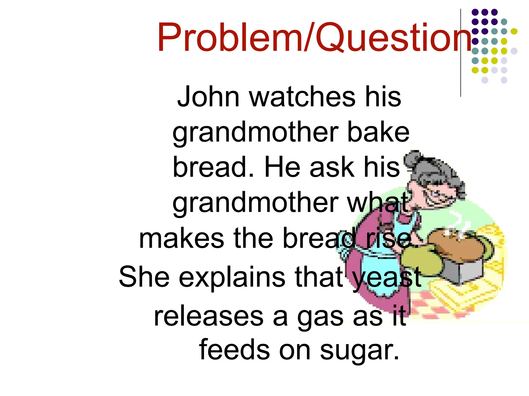 Problem/Question
John watches his
grandmother bake
bread. He ask his
grandmother what
makes the bread rise.
She explains that yeast
releases a gas as it
feeds on sugar.
 