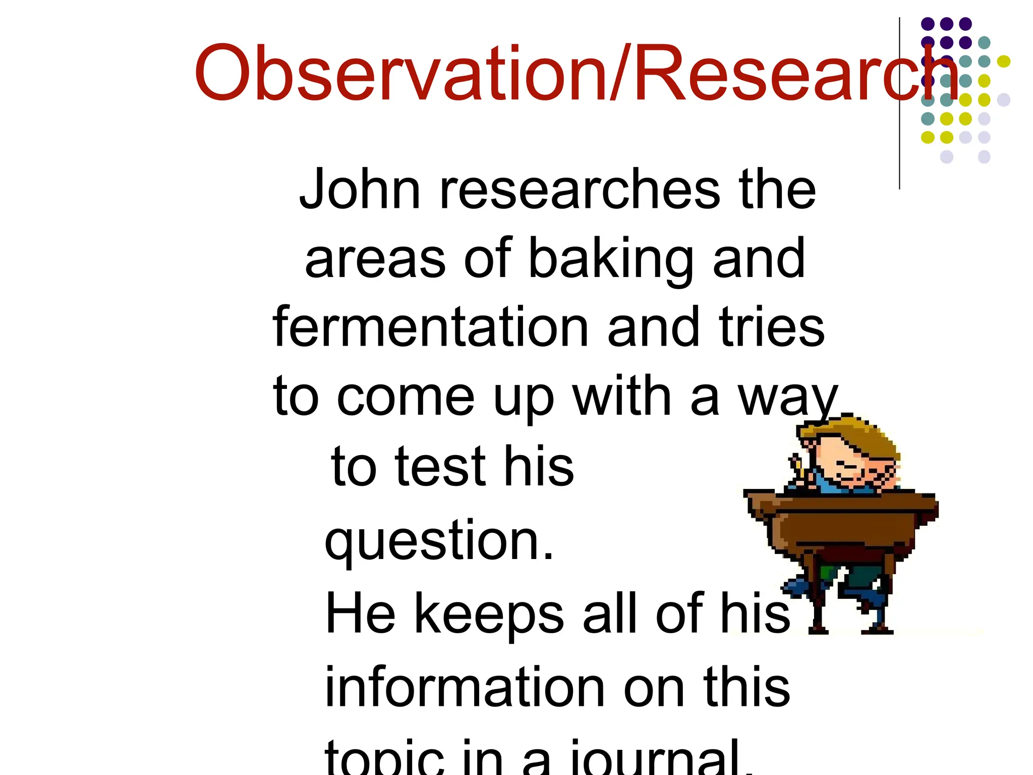Observation/Research
John researches the
areas of baking and
fermentation and tries
to come up with a way
to test his
question.
He keeps all of his
information on this
 