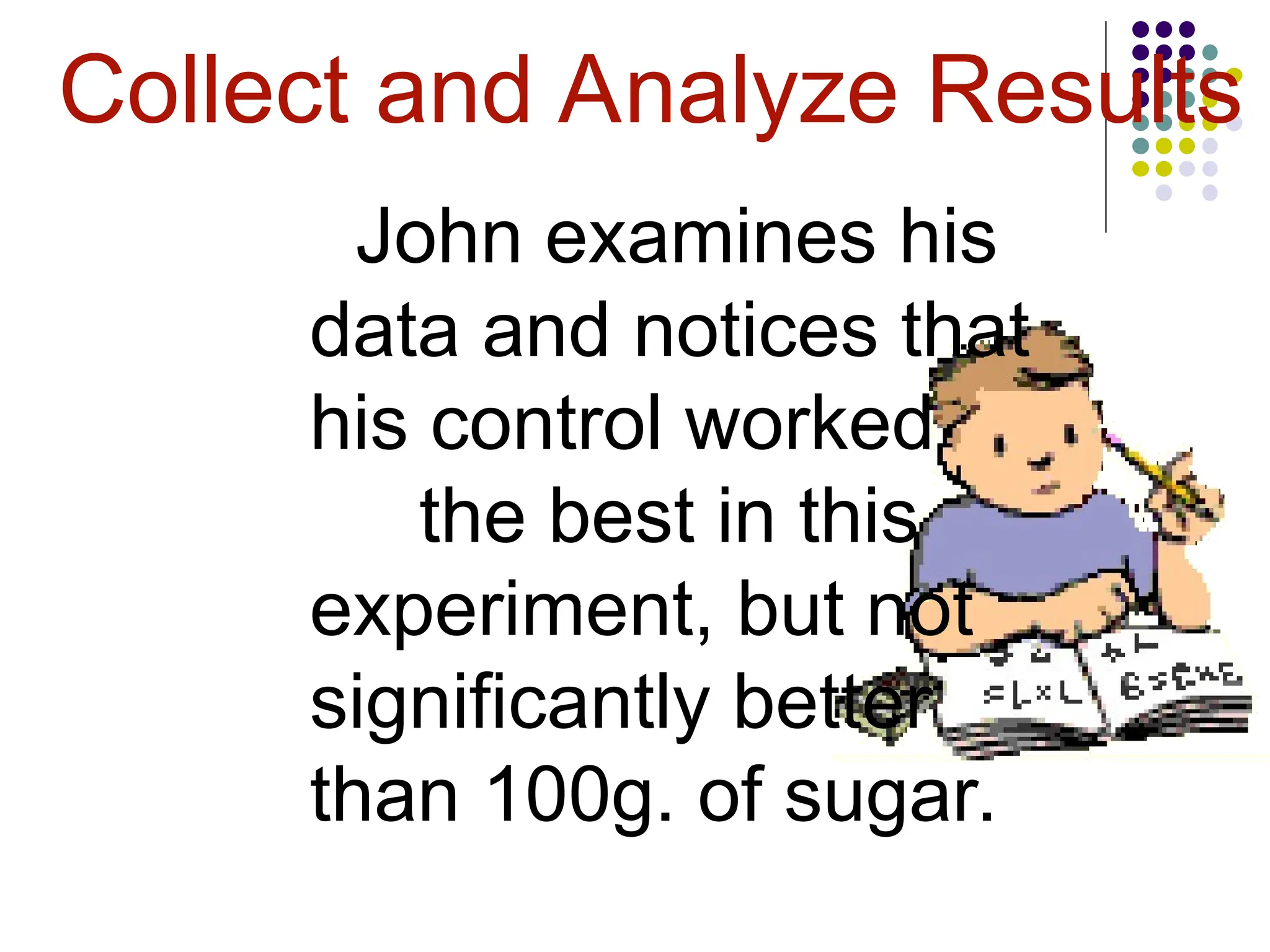 Collect and Analyze Results
John examines his
data and notices that
his control worked
the best in this
experiment, but not
significantly better
than 100g. of sugar.
 