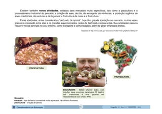 GeografiaGeografiaGeografiaGeografia ---- 6.º6.º6.º6.º Ano / 2.º BIMESTREAno / 2.º BIMESTREAno / 2.º BIMESTREAno / 2.º BIMESTRE ---- 2014201420142014
Existem também novas atividades, voltadas para mercados muito específicos, tais como a piscicultura e o
processamento industrial do pescado; a criação de aves, de rãs, de escargots, de minhocas; a produção orgânica de
ervas medicinais, de verduras e de legumes; a fruticultura de mesa e a floricultura.
Estas atividades, antes consideradas "de fundo de quintal“, hoje têm grande aceitação no mercado, muitas vezes
graças à vinculação entre elas e os grandes supermercados, redes de fast food e restaurantes. Sua ampliação passa a
requerer novos serviços no seu entorno, como transporte e comunicações, além de gerar empregos diretos.
Adaptado de http://www.seade.gov.br/produtos/mulher/index.php?bole=06&tip=01
g1.globo.com
ESCARGOTS - Stefan Charlier exibe, com
orgulho, seus enormes caramujos. O destino
das criaturinhas é virar iguarias em
restaurantes de luxo (Foto: AFP).
PISCICULTURA
http://www.cpt.com.br/
FRUTICULTURA
Glossário:
escargot - tipo de lesma comestível muito apreciada na culinária francesa;
piscicultura - criação de peixes.
11
 