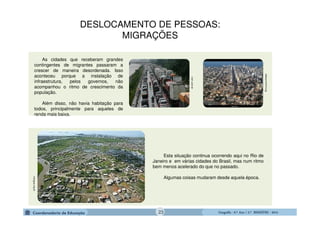 GeografiaGeografiaGeografiaGeografia ---- 6.º6.º6.º6.º Ano / 2.º BIMESTREAno / 2.º BIMESTREAno / 2.º BIMESTREAno / 2.º BIMESTRE ---- 2014201420142014
Muitos migrantes se viram obrigados a morar
em condições precárias, sem acesso aos serviços
essenciais para o seu bem-estar.
As cidades que receberam grandes
contingentes de migrantes passaram a
crescer de maneira desordenada. Isso
aconteceu porque a instalação de
infraestrutura, pelos governos, não
acompanhou o ritmo de crescimento da
população.
Além disso, não havia habitação para
todos, principalmente para aqueles de
renda mais baixa.
aderjurumirim.org
not1.com.br
mongue.org.br
Esta situação continua ocorrendo aqui no Rio de
Janeiro e em várias cidades do Brasil, mas num ritmo
bem menos acelerado do que no passado.
Algumas coisas mudaram desde aquela época.
DESLOCAMENTO DE PESSOAS:
MIGRAÇÕES
23
 