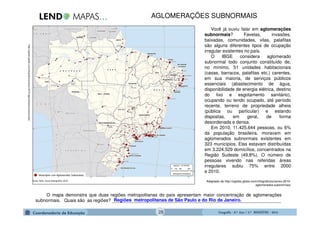 GeografiaGeografiaGeografiaGeografia ---- 6.º6.º6.º6.º Ano / 2.º BIMESTREAno / 2.º BIMESTREAno / 2.º BIMESTREAno / 2.º BIMESTRE ---- 2014201420142014
Você já ouviu falar em aglomerações
subnormais? Favelas, invasões,
baixadas, comunidades, vilas, palafitas
são alguns diferentes tipos de ocupação
irregular existentes no país.
O IBGE considera aglomerado
subnormal todo conjunto constituído de,
no mínimo, 51 unidades habitacionais
(casas, barracos, palafitas etc.) carentes,
em sua maioria, de serviços públicos
essenciais (abastecimento de água,
disponibilidade de energia elétrica, destino
do lixo e esgotamento sanitário),
ocupando ou tendo ocupado, até período
recente, terreno de propriedade alheia
(pública ou particular) e estando
dispostas, em geral, de forma
desordenada e densa.
Em 2010, 11.425.644 pessoas, ou 6%
da população brasileira, moravam em
aglomerados subnormais existentes em
323 municípios. Elas estavam distribuídas
em 3.224.529 domicílios, concentrados na
Região Sudeste (49,8%). O número de
pessoas vivendo nas referidas áreas
irregulares subiu 75% entre 2000
e 2010.
Adaptado de http://oglobo.globo.com/infograficos/censo-2010-
aglomerados-subnormais/
O mapa demonstra que duas regiões metropolitanas do país apresentam maior concentração de aglomerações
subnormais. Quais são as regiões? ___________________________________________________________________
http://oglobo.globo.com/infograficos/censo-2010-aglomerados-subnormais/
AGLOMERAÇÕES SUBNORMAIS
Regiões metropolitanas de São Paulo e do Rio de Janeiro.
28
 