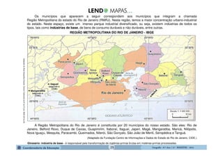 GeografiaGeografiaGeografiaGeografia ---- 6.º6.º6.º6.º Ano / 2.º BIMESTREAno / 2.º BIMESTREAno / 2.º BIMESTREAno / 2.º BIMESTRE ---- 2014201420142014
Glossário: indústria de base - é responsável pela transformação de matérias-primas brutas em matérias-primas processadas.
Os municípios que aparecem a seguir correspondem aos municípios que integram a chamada
Região Metropolitana do estado do Rio de Janeiro (RMRJ). Nesta região, temos a maior concentração urbano-industrial
do estado. Neste espaço, existe um imenso parque industrial diversificado, ou seja, existem indústrias de todos os
tipos, tais como indústrias de base, de bens de consumo duráveis e não duráveis, entre outras.
A Região Metropolitana do Rio de Janeiro é constituída por 20 municípios do nosso estado. São eles: Rio de
Janeiro, Belford Roxo, Duque de Caxias, Guapimirim, Itaboraí, Itaguaí, Japeri, Magé, Mangaratiba, Maricá, Nilópolis,
Nova Iguaçu, Mesquita, Paracambi, Queimados, Niterói, São Gonçalo, São João de Meriti, Seropédica e Tanguá.
(Adaptado da Fundação Centro de Informações e Dados do Estado do Rio de Janeiro, CIDE.)
AdaptadodoAtlasGeográficoEscolar.EnsinoFudamentado6ºao9ºano.IBGE.2010.p.30.
REGIÃO METROPOLITANA DO RIO DE JANEIRO - IBGE
29
 