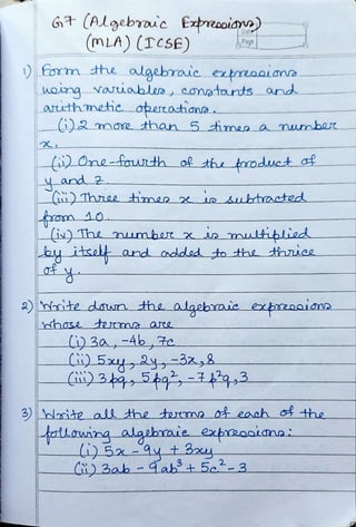 ICSE Grade 7 Mathematics Algebraic Expressions Worksheet (MLA) | PDF
