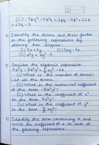ICSE Grade 7 Mathematics Algebraic Expressions Worksheet (MLA) | PDF
