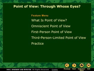 What Is Point of View?
Omniscient Point of View
First-Person Point of View
Third-Person-Limited Point of View
Practice
Point of View: Through Whose Eyes?
Feature Menu
 