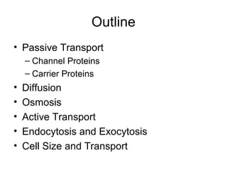 Outline
• Passive Transport
– Channel Proteins
– Carrier Proteins
• Diffusion
• Osmosis
• Active Transport
• Endocytosis and Exocytosis
• Cell Size and Transport
 