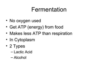 Fermentation
• No oxygen used
• Get ATP (energy) from food
• Makes less ATP than respiration
• In Cytoplasm
• 2 Types
– Lactic Acid
– Alcohol
 