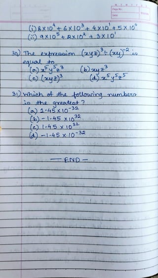 MT W
(08XIO'+6XLO+ 4x10'+5X10°
32
Page No,
30)The exapain (z4z)(
Leaual to
32
Date:
3)hiah o the totlouine numbre
io the qreateot ?
a)145x10-32.
d)-l45 x 0-32
YOUVA
 