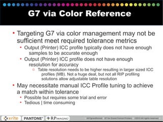• Targeting G7 via color management may not be
sufficient meet required tolerance metrics
• Output (Printer) ICC profile typically does not have enough
samples to be accurate enough
• Output (Printer) ICC profile does not have enough
resolution for accuracy
o Table resolution needs to be higher resulting in larger sized ICC
profiles (MB). Not a huge deal, but not all RIP profiling
solutions allow adjustable table resolution
• May necessitate manual ICC Profile tuning to achieve
a match within tolerance
• Possible but requires some trial and error
• Tedious | time consuming
G7 via Color Reference
 
