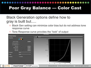 Black Generation options define how to
gray is built but.....
o Black Gen setting can minimize color bias but do not address tone
response curve
o Tone Response curve provides the “look” of output
Poor Gray Balance — Color Cast
 