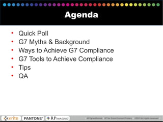 • Quick Poll
• G7 Myths & Background
• Ways to Achieve G7 Compliance
• G7 Tools to Achieve Compliance
• Tips
• QA
Agenda
 