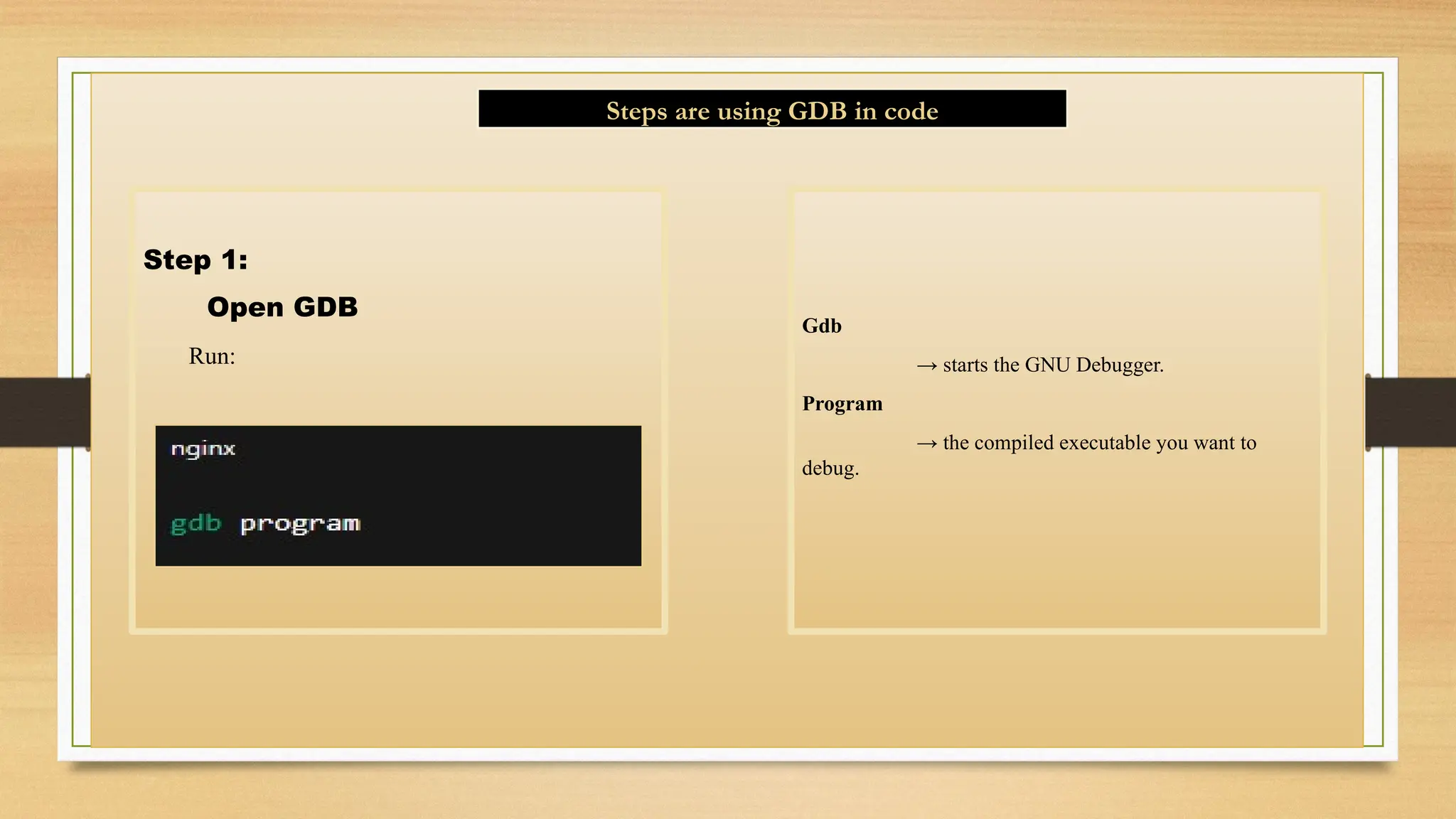 Step 1:
Open GDB
Run:
Gdb
→ starts the GNU Debugger.
Program
→ the compiled executable you want to
debug.
Steps are using GDB in code
 