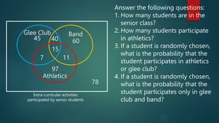 Extra-curricular activities
participated by senior students
Answer the following questions:
1. How many students are in the
senior class?
2. How many students participate
in athletics?
3. If a student is randomly chosen,
what is the probability that the
student participates in athletics
or glee club?
4. If a student is randomly chosen,
what is the probability that the
student participates only in glee
club and band?
Glee Club Band
Athletics
45 40 60
15
7 11
97
78
 