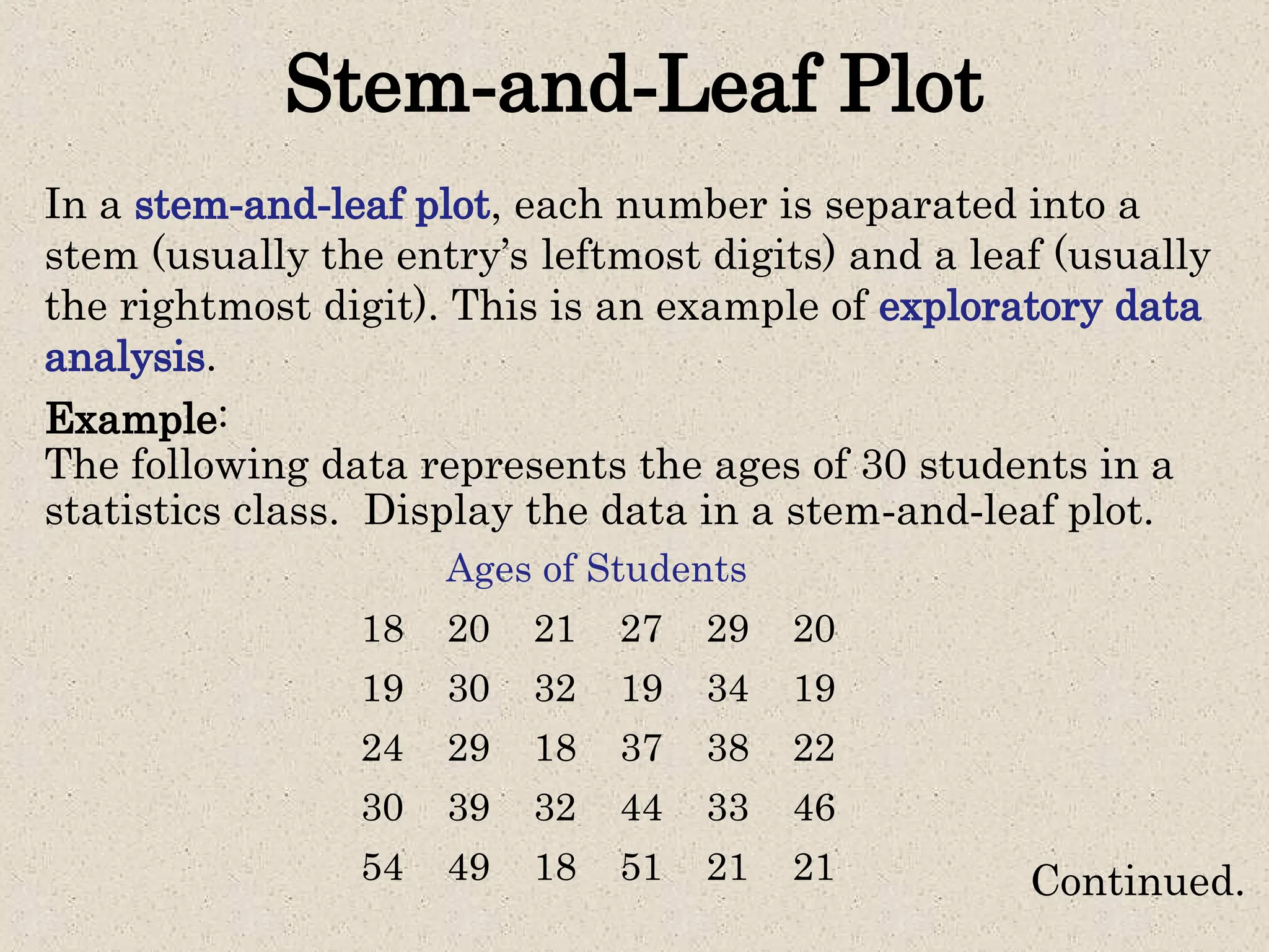 Stem-and-Leaf Plot
In a stem-and-leaf plot, each number is separated into a
stem (usually the entry’s leftmost digits) and a leaf (usually
the rightmost digit). This is an example of exploratory data
analysis.
Example:
The following data represents the ages of 30 students in a
statistics class. Display the data in a stem-and-leaf plot.
Ages of Students
Continued.
18 20 21 27 29 20
19 30 32 19 34 19
24 29 18 37 38 22
30 39 32 44 33 46
54 49 18 51 21 21
 