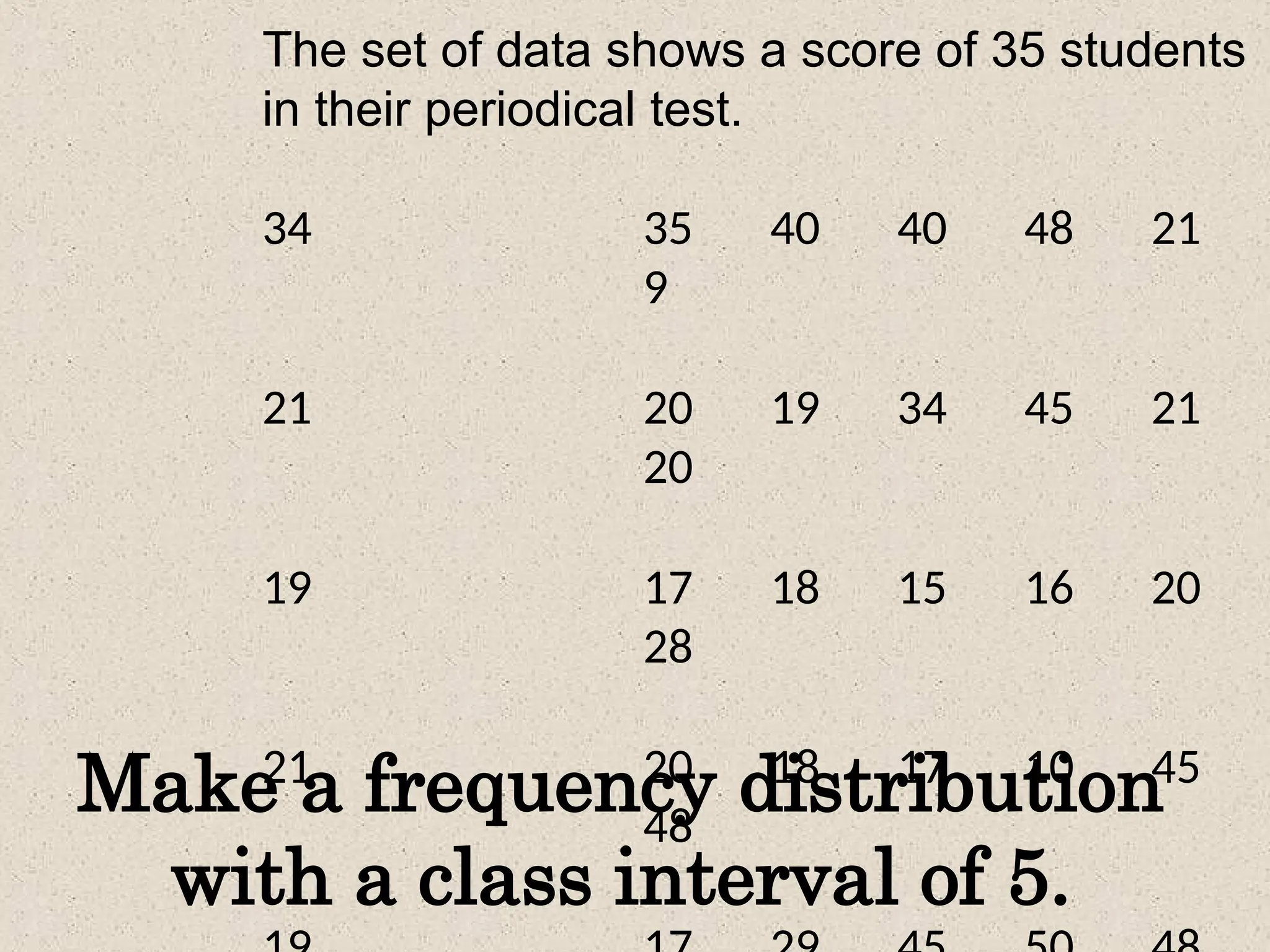 Make a frequency distribution
with a class interval of 5.
The set of data shows a score of 35 students
in their periodical test.
34 35 40 40 48 21
9
21 20 19 34 45 21
20
19 17 18 15 16 20
28
21 20 18 17 10 45
48
 