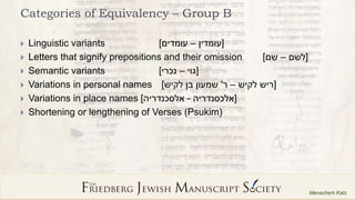 18
Menachem Katz
Categories of Equivalency – Group B
 Linguistic variants [‫עומדין‬–‫עומדים‬]
 Letters that signify prep...