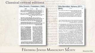 2
Menachem Katz
Classical critical editions
Sifre Bemidbar, Kahana (2011-
2015)
Sifre Dvrarim, Finkelstein (1940)
 