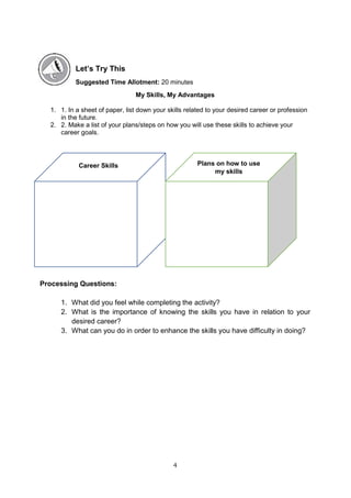 4
Let’s Try This
Suggested Time Allotment: 20 minutes
My Skills, My Advantages
1. 1. In a sheet of paper, list down your skills related to your desired career or profession
in the future.
2. 2. Make a list of your plans/steps on how you will use these skills to achieve your
career goals.
Processing Questions:
1. What did you feel while completing the activity?
2. What is the importance of knowing the skills you have in relation to your
desired career?
3. What can you do in order to enhance the skills you have difficulty in doing?
Career Skills Plans on how to use
my skills
 