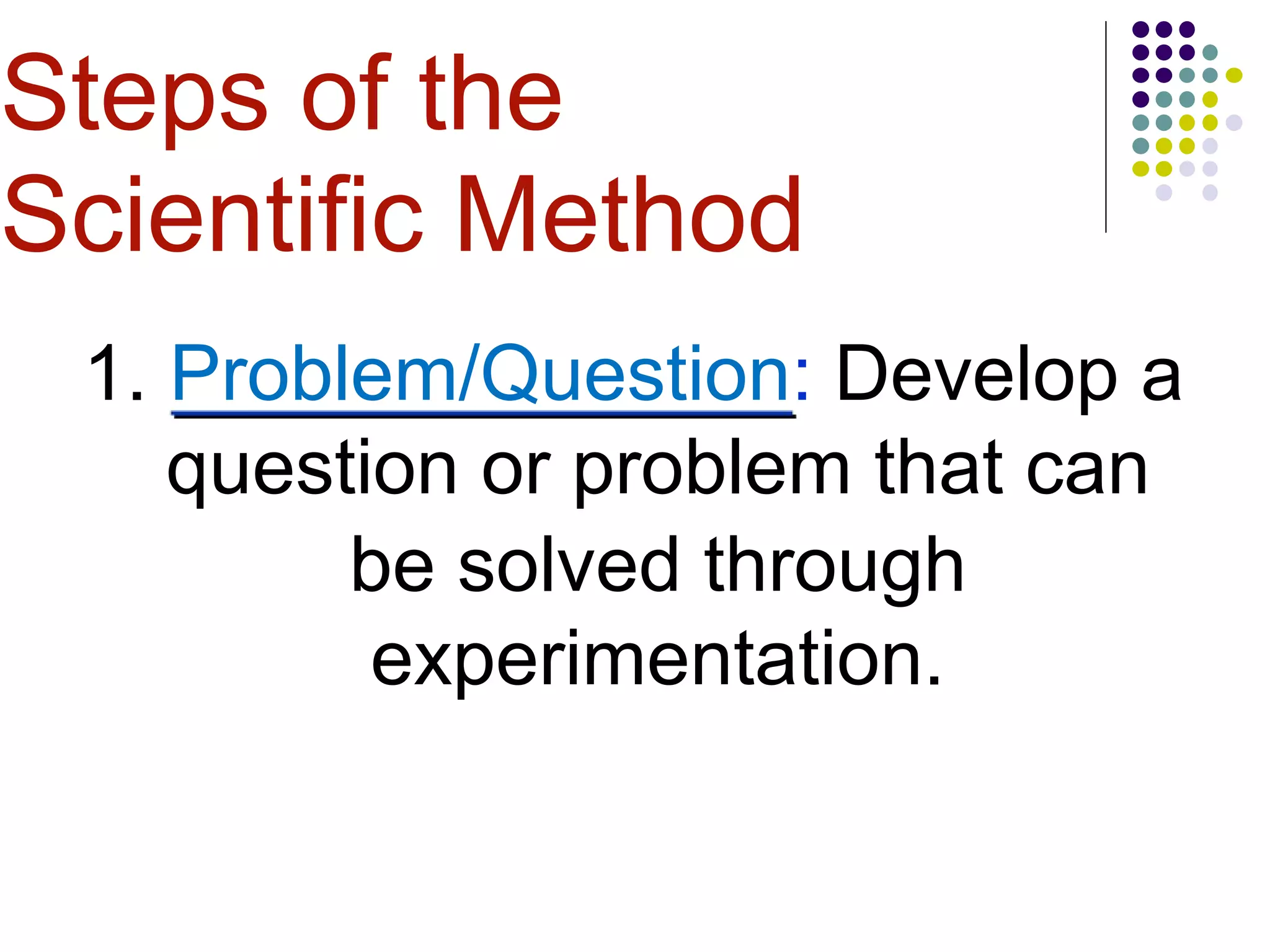 Steps of the
Scientific Method
1. Problem/Question: Develop a
question or problem that can
be solved through
experimentation.
 