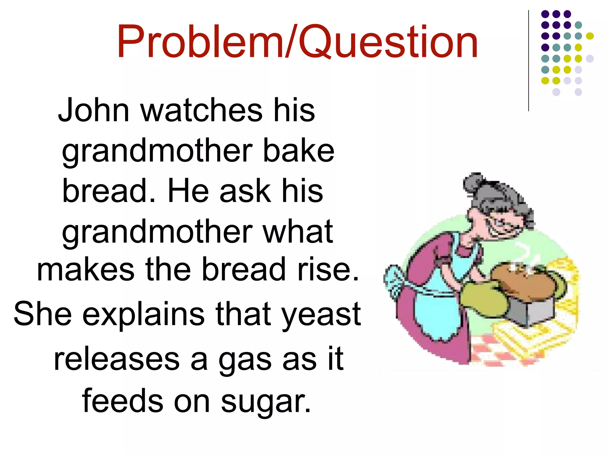 Problem/Question
John watches his
grandmother bake
bread. He ask his
grandmother what
makes the bread rise.
She explains that yeast
releases a gas as it
feeds on sugar.
 