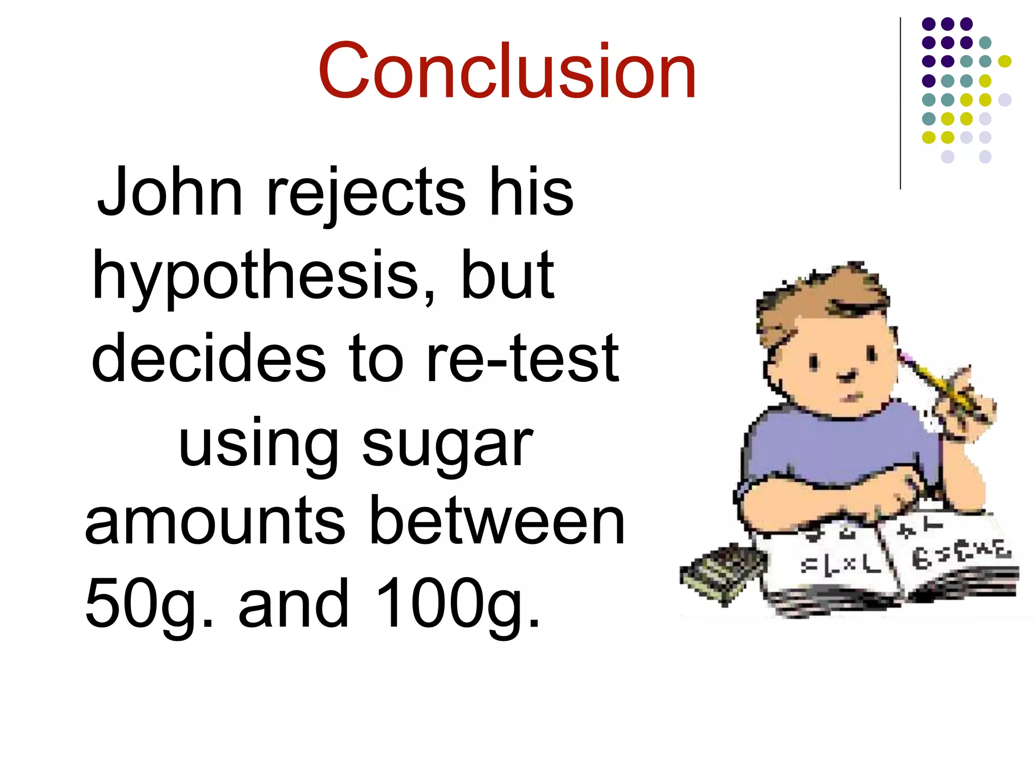 Conclusion
John rejects his
hypothesis, but
decides to re-test
using sugar
amounts between
50g. and 100g.
 