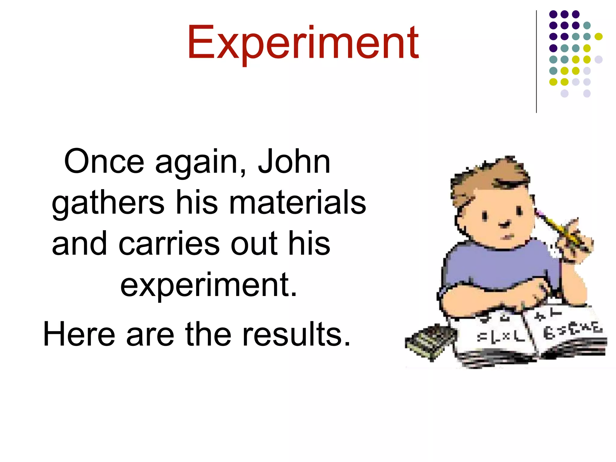 Experiment
Once again, John
gathers his materials
and carries out his
experiment.
Here are the results.
 