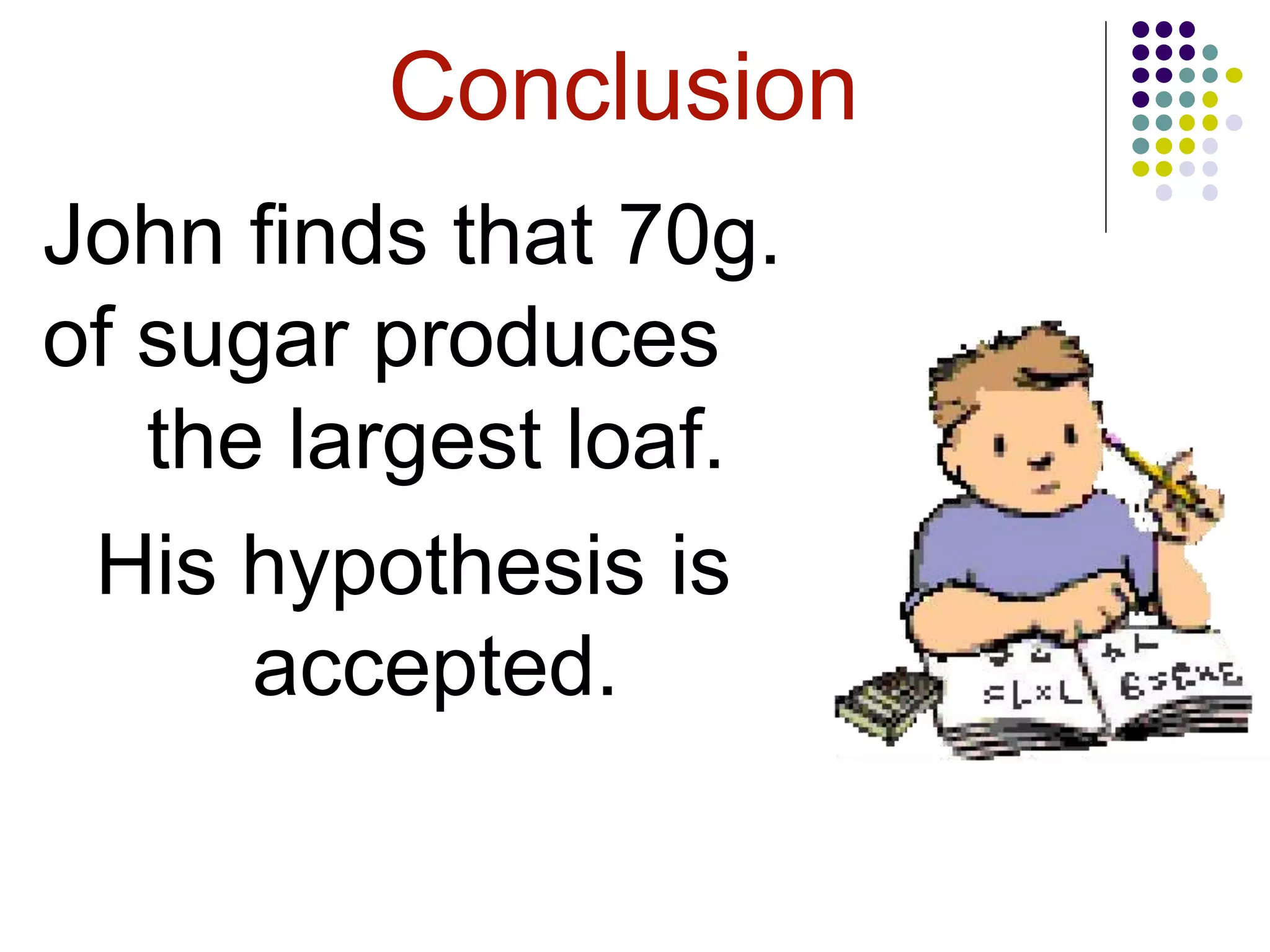 Conclusion
John finds that 70g.
of sugar produces
the largest loaf.
His hypothesis is
accepted.
 