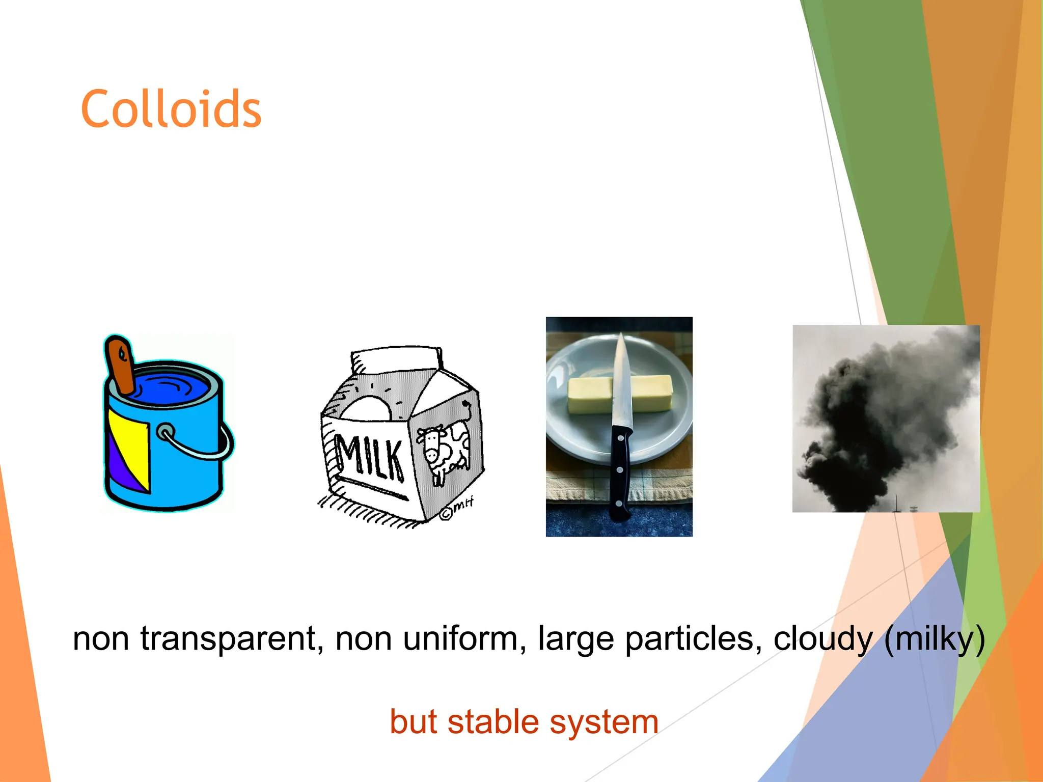 Colloids
non transparent, non uniform, large particles, cloudy (milky)
but stable system
Colloids
 