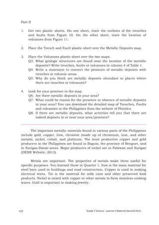 Part II

 1.    Get two plastic sheets. On one sheet, trace the outlines of the trenches
       and faults from Figure 10. On the other sheet, trace the location of
       volcanoes from Figure 11.

 2.    Place the Trench and Fault plastic sheet over the Metallic Deposits map.

 3.    Place the Volcanoes plastic sheet over the two maps.
       Q3. What geologic structures are found near the location of the metallic
           deposits? Write trenches, faults or volcanoes in column 4 of Table 1.
       Q4. Write a statement to connect the presence of metallic deposits with
           trenches or volcanic areas.
       Q5. Why do you think are metallic deposits abundant in places where
           there are trenches or volcanoes?

 4.    Look for your province in the map.
       Q6. Are there metallic deposits in your area?
       Q7. What could be reason for the presence or absence of metallic deposits
           in your area? You can download the detailed map of Trenches, Faults
           and volcanoes in the Philippines from the website of Phivolcs.
       Q8. If there are metallic deposits, what activities tell you that there are
           indeed deposits in or near your area/province?



       The important metallic minerals found in various parts of the Philippines
 include gold, copper, iron, chromite (made up of chromium, iron, and other
 metals), nickel, cobalt, and platinum. The most productive copper and gold
 producers in the Philippines are found in Baguio, the province of Benguet, and
 in Surigao-Davao areas. Major producers of nickel are in Palawan and Surigao
 (DENR Website, 2012).

        Metals are important. The properties of metals make them useful for
 specific purposes. You learned these in Quarter 1. Iron is the main material for
 steel bars used in buildings and road construction. Copper is used in making
 electrical wires. Tin is the material for milk cans and other preserved food
 products. Nickel is mixed with copper or other metals to form stainless cooking
 wares. Gold is important in making jewelry.




 Grade 7 Science: Earth and Space                                                               194


110                                         Grade 7 Science: Learner’s Material (Second Part)
 