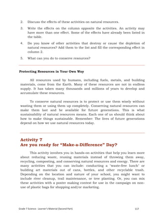 2.     Discuss the effects of these activities on natural resources.

 3.     Write the effects on the column opposite the activities. An activity may
        have more than one effect. Some of the effects have already been listed in
        the table.

 4.     Do you know of other activities that destroy or cause the depletion of
        natural resources? Add them to the list and fill the corresponding effect in
        column 2.

 5.     What can you do to conserve resources?



Protecting Resources in Your Own Way

      All resources used by humans, including fuels, metals, and building
 materials, come from the Earth. Many of these resources are not in endless
 supply. It has taken many thousands and millions of years to develop and
 accumulate these resources.

       To conserve natural resources is to protect or use them wisely without
 wasting them or using them up completely. Conserving natural resources can
 make them last and be available for future generations. This is what
 sustainability of natural resources means. Each one of us should think about
 how to make things sustainable. Remember: The lives of future generations
 depend on how we use natural resources today.




 Activity 7
 Are you ready for “Make-a-Difference” Day?
        This activity involves you in hands-on activities that help you learn more
 about reducing waste, reusing materials instead of throwing them away,
 recycling, composting, and conserving natural resources and energy. There are
 many activities that you can include: conducting a "waste-free lunch" or
 building art materials out of cans, bottles, and other recyclable trash.
 Depending on the location and nature of your school, you might want to
 include river cleanup, trail maintenance, or tree planting. Or, you can mix
 these activities with a poster making contest for use in the campaign on non-
 use of plastic bags for shopping and/or marketing.


 Grade 7 Science: Earth and Space                                                  201


Grade 7 Science: Learner’s Material (Second Part)                            117
 