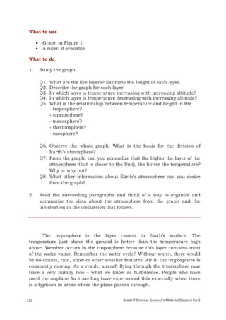 What to use

          Graph in Figure 1
          A ruler, if available

 What to do

 1.       Study the graph.

          Q1.   What are the five layers? Estimate the height of each layer.
          Q2.   Describe the graph for each layer.
          Q3.   In which layer is temperature increasing with increasing altitude?
          Q4.   In which layer is temperature decreasing with increasing altitude?
          Q5.   What is the relationship between temperature and height in the
                - troposphere?
                - stratosphere?
                - mesosphere?
                - thermosphere?
                - exosphere?

          Q6. Observe the whole graph. What is the basis for the division of
              Earth’s atmosphere?
          Q7. From the graph, can you generalize that the higher the layer of the
              atmosphere (that is closer to the Sun), the hotter the temperature?
              Why or why not?
          Q8. What other information about Earth’s atmosphere can you derive
              from the graph?

 2.       Read the succeeding paragraphs and think of a way to organize and
          summarize the data about the atmosphere from the graph and the
          information in the discussion that follows.




        The troposphere is the layer closest to Earth’s surface. The
 temperature just above the ground is hotter than the temperature high
 above. Weather occurs in the troposphere because this layer contains most
 of the water vapor. Remember the water cycle? Without water, there would
 be no clouds, rain, snow or other weather features. Air in the troposphere is
 constantly moving. As a result, aircraft flying through the troposphere may
 have a very bumpy ride – what we know as turbulence. People who have
 used the airplane for travelling have experienced this especially when there
 is a typhoon in areas where the plane passes through.


120                                             Grade 7 Science: Learner’s Material (Second Part)
 Grade 7 Science: Earth and Space                                                            204
 
