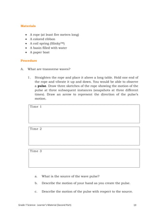 Materials

           A   rope (at least five meters long)
           A   colored ribbon
           A   coil spring (Slinky™)
           A   basin filled with water
           A   paper boat

  Procedure

  A.       What are transverse waves?

           1.    Straighten the rope and place it above a long table. Hold one end of
                 the rope and vibrate it up and down. You would be able to observe
                 a pulse. Draw three sketches of the rope showing the motion of the
                 pulse at three subsequent instances (snapshots at three different
                 times). Draw an arrow to represent the direction of the pulse’s
                 motion.

            Time 1




            Time 2




            Time 3




                 a.   What is the source of the wave pulse?

                 b.   Describe the motion of your hand as you create the pulse.

                 c.   Describe the motion of the pulse with respect to the source.



Grade 7 Science: Learner’s Material (Second Part)                                    19
  Grade 7 Science: Energy In Motion                                                  101
 
