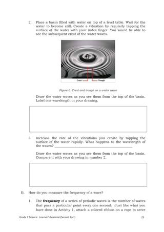2.     Place a basin filled with water on top of a level table. Wait for the
              water to become still. Create a vibration by regularly tapping the
              surface of the water with your index finger. You would be able to
              see the subsequent crest of the water waves.




                                  Figure 6. Crest and trough on a water wave

              Draw the water waves as you see them from the top of the basin.
              Label one wavelength in your drawing.




       3.     Increase the rate of the vibrations you create by tapping the
              surface of the water rapidly. What happens to the wavelength of
              the waves? _______________________________________________

              Draw the water waves as you see them from the top of the basin.
              Compare it with your drawing in number 2.




 B.    How do you measure the frequency of a wave?

       1.     The frequency of a series of periodic waves is the number of waves
              that pass a particular point every one second. Just like what you
              have done in Activity 1, attach a colored ribbon on a rope to serve

Grade 7 Science: Learner’s Material (Second Part)                               25
 Grade 7 Science: Energy In Motion                                              107
 
