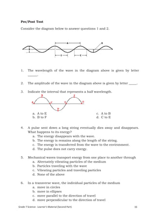 Pre/Post Test

  Consider the diagram below to answer questions 1 and 2.




  1.    The wavelength of the wave in the diagram above is given by letter
        ______.

  2.    The amplitude of the wave in the diagram above is given by letter _____.

  3.    Indicate the interval that represents a half wavelength.




            a. A to E                                c. A to B
            b. B to F                                d. C to E


  4.    A pulse sent down a long string eventually dies away and disappears.
        What happens to its energy?
           a. The energy disappears with the wave.
           b. The energy is remains along the length of the string.
           c. The energy is transferred from the wave to the environment.
           d. The pulse does not carry energy.

  5.    Mechanical waves transport energy from one place to another through
          a. Alternately vibrating particles of the medium
          b. Particles traveling with the wave
          c. Vibrating particles and traveling particles
          d. None of the above

  6.    In a transverse wave, the individual particles of the medium
           a. move in circles
           b. move in ellipses
           c. move parallel to the direction of travel
           d. move perpendicular to the direction of travel

Grade 7 Science: Learner’s Material (Second Part)                            33
  Grade 7 Science: Energy In Motion                                          115
 