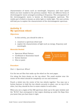 characteristics of waves such as wavelength, frequency and wave speed
  which you have studied in the previous module. There are different forms of
  electromagnetic waves arranged according to frequency. This arrangement of
  the electromagnetic waves is known as Electromagnetic spectrum. The
  visible part of which is known as white light or visible light. The next activity
  will lead you to explore the characteristics of the electromagnetic spectrum.



  Activity 2
  My spectrum wheel
  Objectives

          In this activity, you should be able to

          1. construct a spectrum wheel and
          2. explore the characteristics of light such as energy, frequency and
             wavelength.

  Materials Needed

         Spectrum Wheel Pattern
                                                    TAKE      Handle all sharp
         Cardboard or illustration board
                                                              objects with care.
         Button fastener                           CARE!
         Glue or paste


  Procedure

  Part 1: Spectrum Wheel

  Cut the two art files that make up the wheel on the next pages.
  Cut along the lines drawn on the top wheel. The small window near the
  center of the wheel should be completely cut out and removed.

  Punch a whole into the center of the two wheels together. You may use a
  button fastener to hold the two wheels securely in place, one on top of the
  other, but they should be free to rotate relative to each other.

  When you see a region of the EM spectrum show up in the open window and
  the "W,F,E" that correspond to that region showing up under the flaps then
  you know that you have done it right.




Grade 7 Science: Learner’s Material (Second Part)                              53
  Grade 7 Science: Energy In Motion                                            135
 