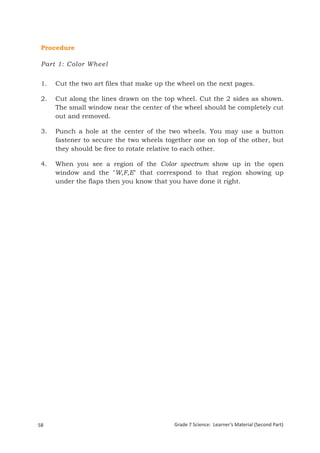 Procedure

 Part 1: Color Wheel


 1.    Cut the two art files that make up the wheel on the next pages.

 2.    Cut along the lines drawn on the top wheel. Cut the 2 sides as shown.
       The small window near the center of the wheel should be completely cut
       out and removed.

 3.    Punch a hole at the center of the two wheels. You may use a button
       fastener to secure the two wheels together one on top of the other, but
       they should be free to rotate relative to each other.

 4.    When you see a region of the Color spectrum show up in the open
       window and the "W,F,E" that correspond to that region showing up
       under the flaps then you know that you have done it right.




58                                          Grade 7 Science: Learner’s Material (Second Part)
 Grade 7 Science: Energy In Motion                                                       140
 