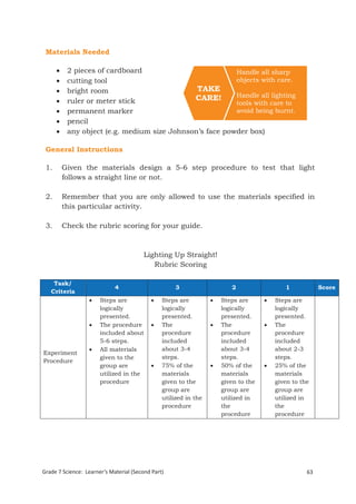 Materials Needed

          2 pieces of cardboard                          Handle all sharp
          cutting tool                                   objects with care.
          bright room                         TAKE
                                              CARE!       Handle all lighting
          ruler or meter stick                           tools with care to
          permanent marker                               avoid being burnt.
          pencil
          any object (e.g. medium size Johnson’s face powder box)

 General Instructions

 1.       Given the materials design a 5-6 step procedure to test that light
          follows a straight line or not.

 2.       Remember that you are only allowed to use the materials specified in
          this particular activity.

 3.       Check the rubric scoring for your guide.



                                         Lighting Up Straight!
                                            Rubric Scoring

    Task/
                             4                       3                   2                  1            Score
   Criteria
                      Steps are               Steps are            Steps are         Steps are
                       logically                logically             logically          logically
                       presented.               presented.            presented.         presented.
                      The procedure           The                  The               The
                       included about           procedure             procedure          procedure
                       5-6 steps.               included              included           included
                      All materials            about 3-4             about 3-4          about 2-3
Experiment
                       given to the             steps.                steps.             steps.
Procedure
                       group are               75% of the           50% of the        25% of the
                       utilized in the          materials             materials          materials
                       procedure                given to the          given to the       given to the
                                                group are             group are          group are
                                                utilized in the       utilized in        utilized in
                                                procedure             the                the
                                                                      procedure          procedure




Grade 7 Science: Learner’s Material (Second Part)                                                   63
 Grade 7 Science: Energy In Motion                                                                 145
 