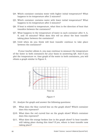Q4. Which container contains water with higher initial temperature? What
     happens to its temperature after 2 minutes?
 Q5. Which container contains water with lower initial temperature? What
     happens to its temperature after 2 minutes?
 Q6. If heat is related to temperature, what then is the direction of heat that
     transfers between the containers?
 Q7. What happens to the temperature of water in each container after 4, 6,
     8, and 10 minutes? What does this tell us about the heat transfer
     taking place between the containers?
 Q8. Until when do you think will heat transfer continue to take place
     between the containers?


       If your teacher allows it, you may continue to measure the temperature
 of the water in both containers for your basis in answering Q8. And if you
 plot the temperature vs. time graph of the water in both containers, you will
 obtain a graph similar to Figure 4.
                       Temperature (°C)




                                          Time (s)


                                          Figure 4

 10. Analyze the graph and answer the following questions:

 Q9.      What does the blue curved line on the graph show? Which container
          does this represent?
 Q10. What does the red curved line on the graph show? Which container
      does this represent?
 Q11. What does the orange broken line in the graph show? Is heat transfer
      still taking place during this time? If yes, where is heat transfer now
      taking place?


68                                                   Grade 7 Science: Learner’s Material (Second Part)
  Grade 7 Science: Energy In Motion                                                               150
 