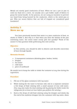 Metals are mostly good conductors of heat. When we use a pot or pan to
  cook our food over a stove, we usually use a pot holder made of fabrics to
  grasp the metal handle. In the process, we are using an insulator to prevent
  our hand from being burned by the conductor, which is the metal pan or
  pot. Why are woven fabrics that are full of trapped air considered good
  insulators?



  Activity 3
  Move me up

        You have previously learned that water is a poor conductor of heat, as
  shown in Table 2. But why is it that when you heat the bottom of the pan
  containing water, the entire water evenly gets hot quickly? Think of the
  answer to this question while performing this next activity.

  Objective
           In this activity, you should be able to observe and describe convection
           of heat through liquids.

  Materials Needed

           2 transparent containers (drinking glass, beaker, bottle)
           dropper
           hot water
           cold water
           piece of cardboard

  Be careful not to bump the table or shake the container at any time during the
  experiment.

  Procedure

  1.       Fill one of the glass containers with tap water.
  2.       While waiting for the water to become still, mix in a separate container
           a few drops of food coloring with a small amount of very cold water.
           (You may also make the food coloring cold by placing the bottle inside the
           refrigerator for at least an hour before you perform the activity.)
  3.       Suck a few drops of cold food coloring using the dropper and slowly dip
           the end of the medicine dropper into the container with tap water, down



72                                               Grade 7 Science: Learner’s Material (Second Part)
  Grade 7 Science: Energy In Motion                                                            154
 