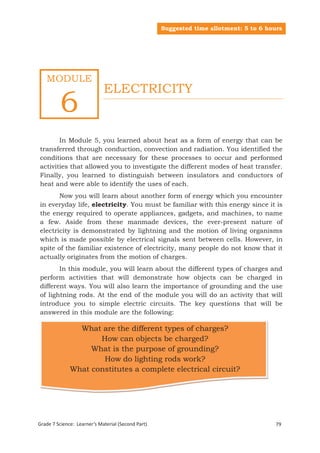 Suggested time allotment: 5 to 6 hours




   MODULE
                             ELECTRICITY
         6
       In Module 5, you learned about heat as a form of energy that can be
transferred through conduction, convection and radiation. You identified the
conditions that are necessary for these processes to occur and performed
activities that allowed you to investigate the different modes of heat transfer.
Finally, you learned to distinguish between insulators and conductors of
heat and were able to identify the uses of each.
       Now you will learn about another form of energy which you encounter
in everyday life, electricity. You must be familiar with this energy since it is
the energy required to operate appliances, gadgets, and machines, to name
a few. Aside from these manmade devices, the ever-present nature of
electricity is demonstrated by lightning and the motion of living organisms
which is made possible by electrical signals sent between cells. However, in
spite of the familiar existence of electricity, many people do not know that it
actually originates from the motion of charges.
       In this module, you will learn about the different types of charges and
perform activities that will demonstrate how objects can be charged in
different ways. You will also learn the importance of grounding and the use
of lightning rods. At the end of the module you will do an activity that will
introduce you to simple electric circuits. The key questions that will be
answered in this module are the following:

                What are the different types of charges?
                     How can objects be charged?
                   What is the purpose of grounding?
                      How do lighting rods work?
              What constitutes a complete electrical circuit?




Grade 7 Science: Learner’s Material (Second Part)                                       79
 Grade 7 Science: Energy In Motion                                                     161
 
