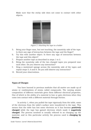 Make sure that the sticky side does not come in contact with other
        objects.




                               Figure 2. Attaching the tape to a holder

 5.  Bring your finger near, but not touching, the nonsticky side of the tape.
     Is there any sign of interaction between the tape and the finger?
 6. Try this with another object. Is there any sign of interaction between
     the tape and this object?
 7. Prepare another tape as described in steps 1 to 3.
 8. Bring the nonsticky side of the two charged tapes you prepared near
     each other. Do you observe any interaction?
 9.  Drag a moistened sponge across the nonsticky side of the tapes and
     repeat steps 5, 6 and 8. Do you still observe any interaction?
 10. Record your observations.




 Types of Charges

      You have learned in previous modules that all matter are made up of
 atoms or combinations of atoms called compounds. The varying atomic
 composition of different materials gives them different electrical properties.
 One of which is the ability of a material to lose or gain electrons when they
 come into contact with a different material through friction.

        In activity 1, when you pulled the tape vigorously from the table, some
 of the electrons from the table’s surface were transferred to the tape. This
 means that the table has lost some electrons so it has become positively
 charged while the tape has gained electrons which made it negatively
 charged. The process involved is usually referred to as charging up the
 material, and in this particular activity the process used is charging by
 friction.

Grade 7 Science: Learner’s Material (Second Part)                           81
 Grade 7 Science: Energy In Motion                                          163
 