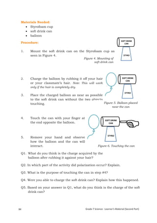 Materials Needed:
     Styrofoam cup
     soft drink can
     balloon

  Procedure:

  1.      Mount the soft drink can on the Styrofoam cup as
          seen in Figure 4.
                                                Figure 4. Mounting of
                                                       soft drink can




  2.      Charge the balloon by rubbing it off your hair
          or your classmate’s hair. Note: This will work
          only if the hair is completely dry.

  3.      Place the charged balloon as near as possible
          to the soft drink can without the two objects
          touching.                                     Figure 5. Balloon placed
                                                                        near the can


  4.      Touch the can with your finger at
          the end opposite the balloon.



  5.      Remove your hand and observe
          how the balloon and the can will
          interact.                                         Figure 6. Touching the can

  Q1. What do you think is the charge acquired by the
      balloon after rubbing it against your hair?

  Q2. In which part of the activity did polarization occur? Explain.

  Q3. What is the purpose of touching the can in step #4?

  Q4. Were you able to charge the soft drink can? Explain how this happened.

  Q5. Based on your answer in Q1, what do you think is the charge of the soft
      drink can?




84                                               Grade 7 Science: Learner’s Material (Second Part)
  Grade 7 Science: Energy In Motion                                                           166
 
